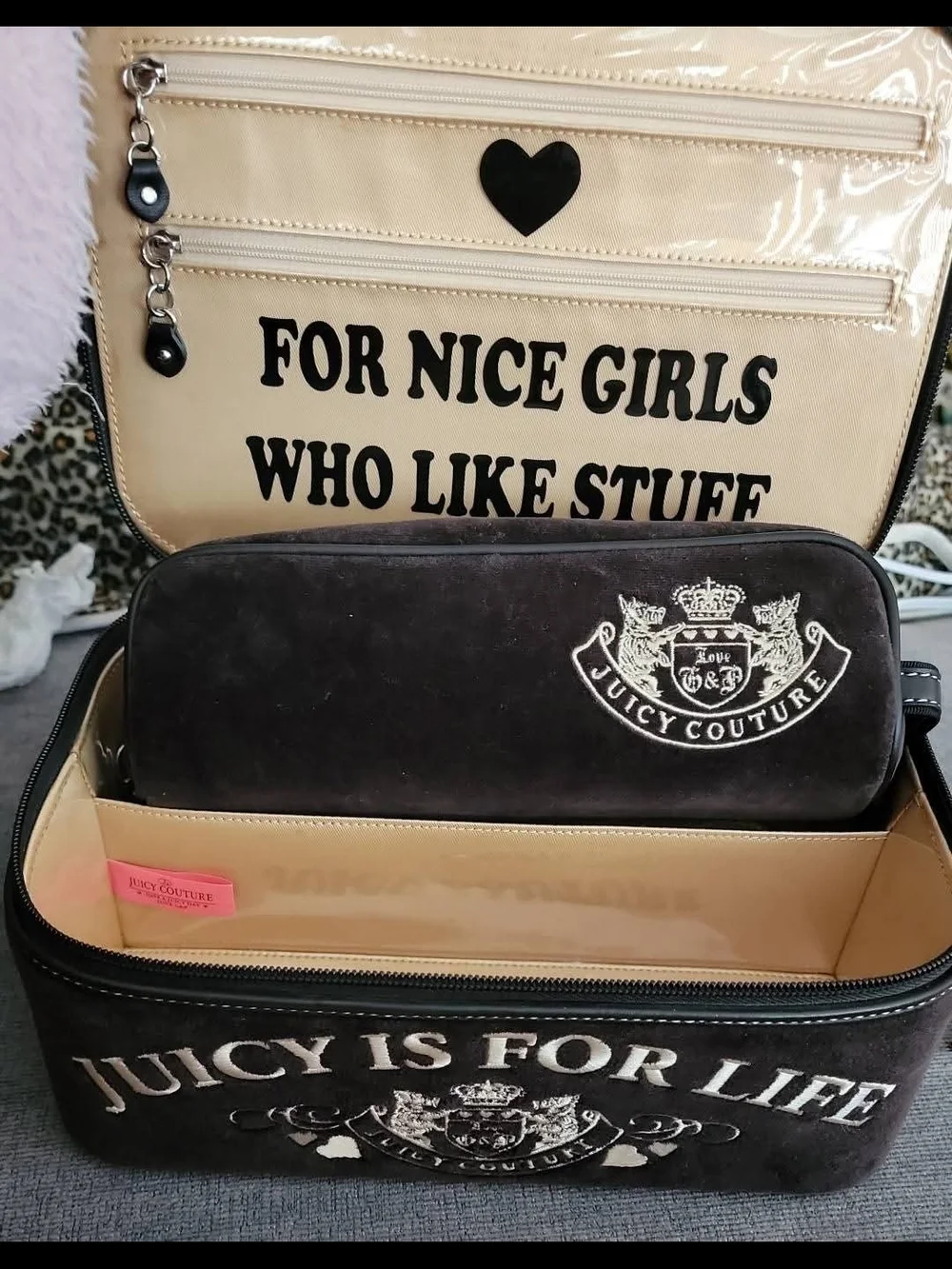 Vintage Y2K Juicy Couture Dark Brown Velvet Cosmetic Train Case Set
